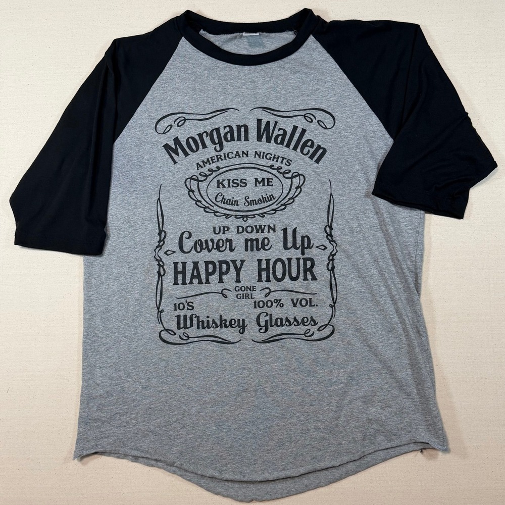 Morgan Wallen Whiskey Glasses Graphic Raglan Baseball Tee Gray Black XL USA Made